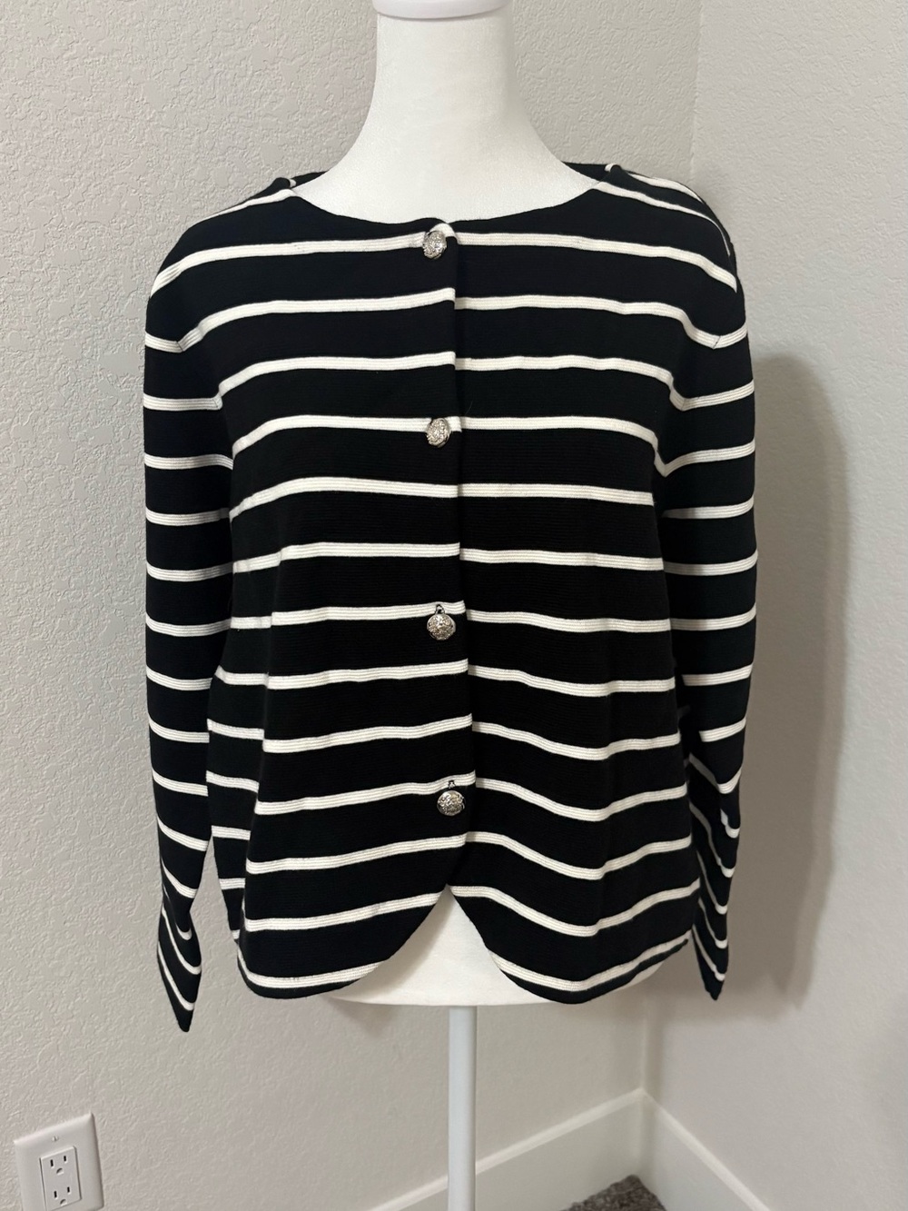 Striped Black and White Button-Front Sweater Cardigan